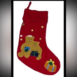 Teddy BEARS RED VELVET Christmas STOCKING brown Gifts Red Santa Hats Gold Stars
